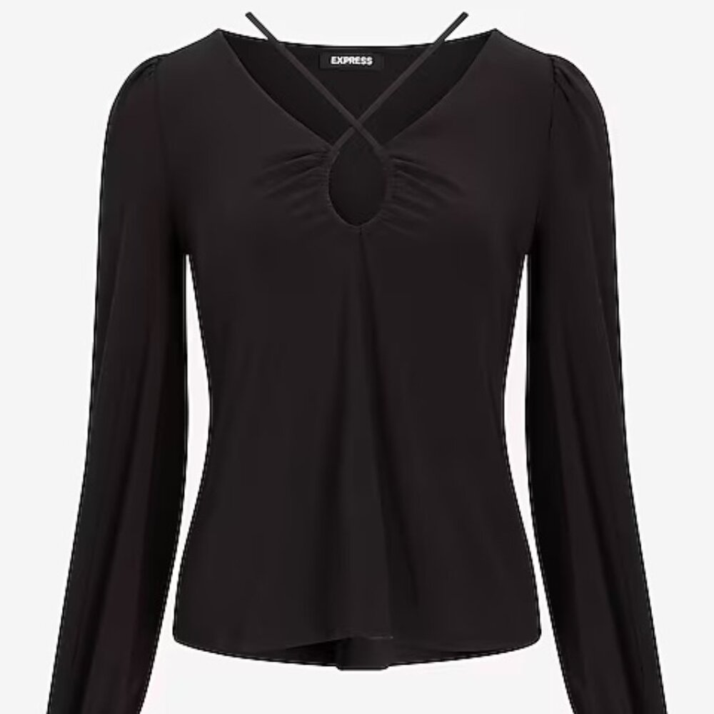 Express Matte Jersey Long Sleeve Strappy Keyhole Top in Black